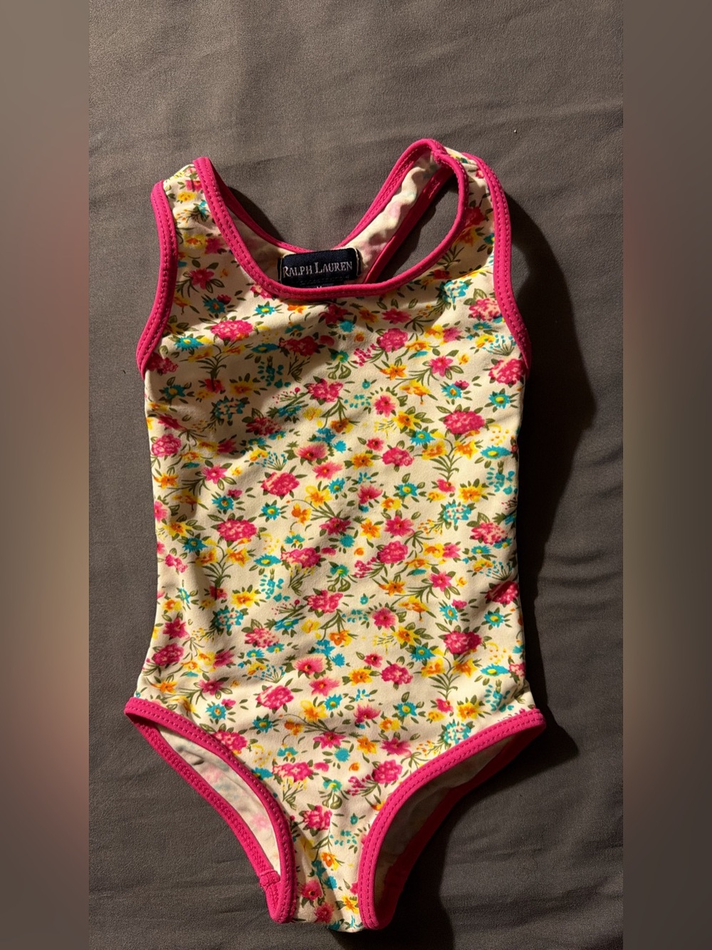 Ralph Lauren Cream Floral One-Piece Swimsuit with Pink Trim